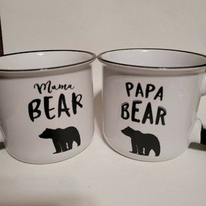 Set of 2 Mama Bear Papa Bear Mugs Clay Art Black